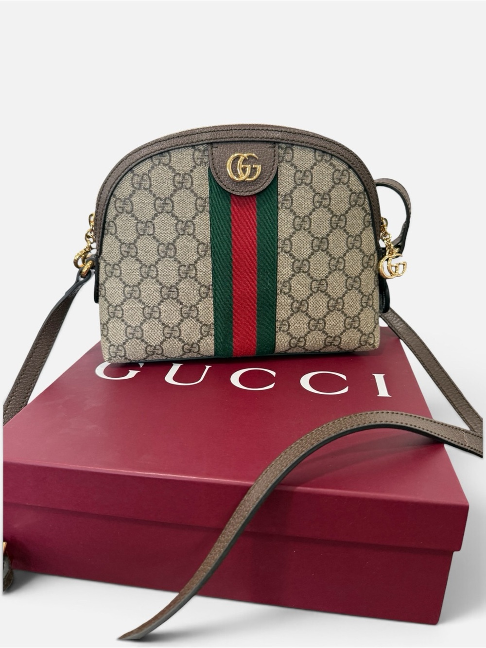 Gucci Beige GG Ophidia Dome Crossbody with Green and Red Web Strip- Box included